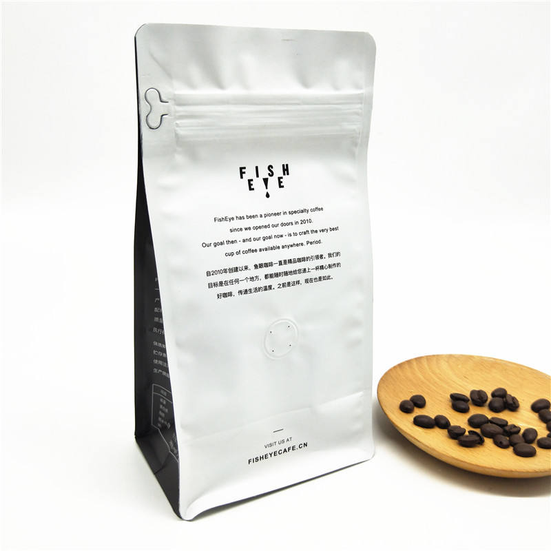 Custom Flat Bottom Matte White Coffee Bag With Valve